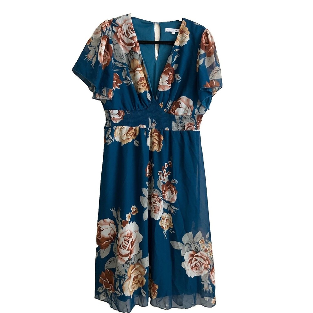 Baltic Born Smocked Midi Dress Sheer Flutter Cottage Coquette Blue Floral L/XL